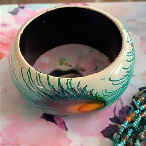 Peacock feather wooden bangle